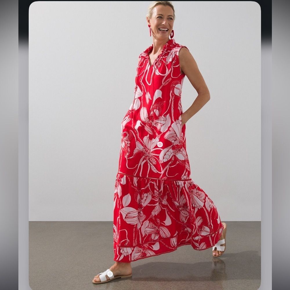 Chico's Orange Red and White Floral Maxi Dress